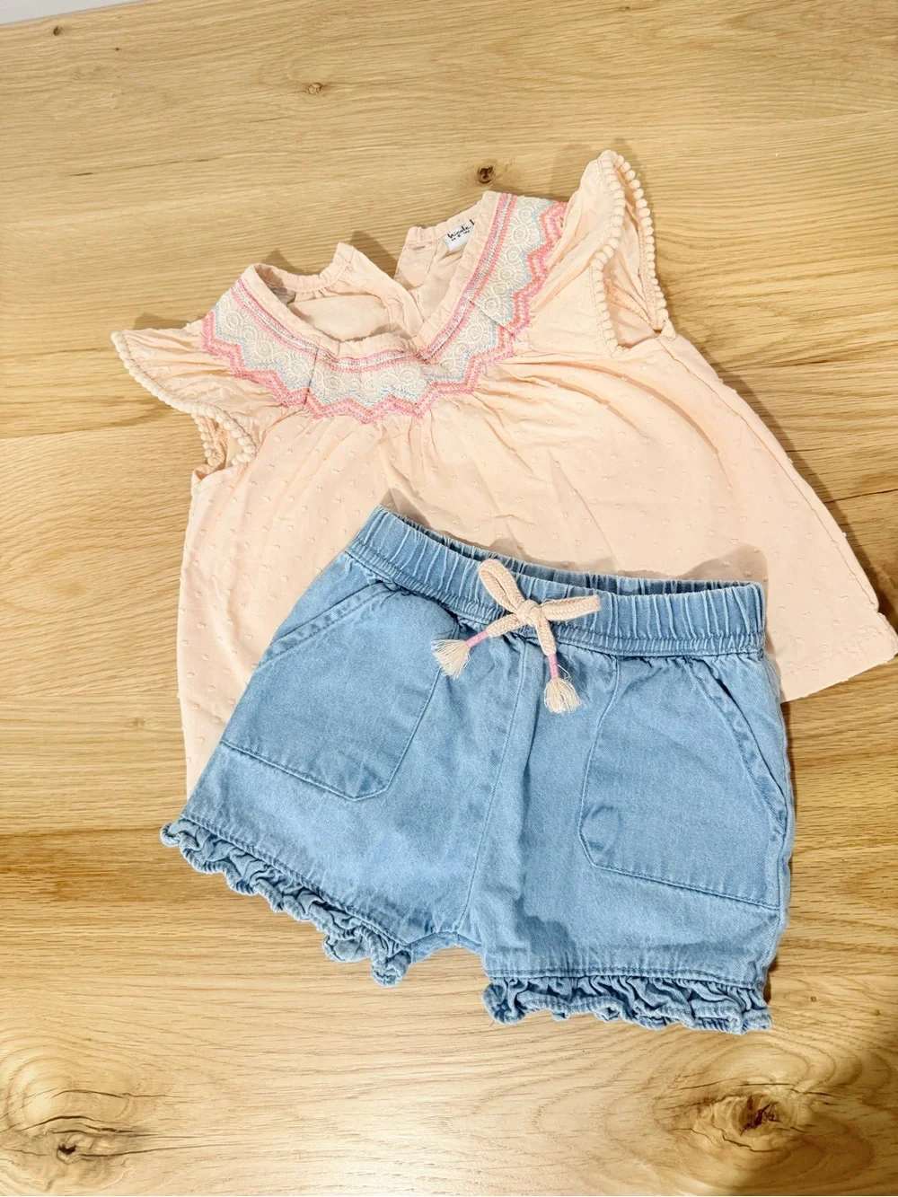 Peach Smocked Flutter Sleeve Top & Light Blue Denim Nicole Miller Shorts Set